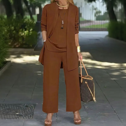 Conjunto Jade™ Minimalista de 3 Piezas con Pantalón Palazzo y Cárdigan Largo