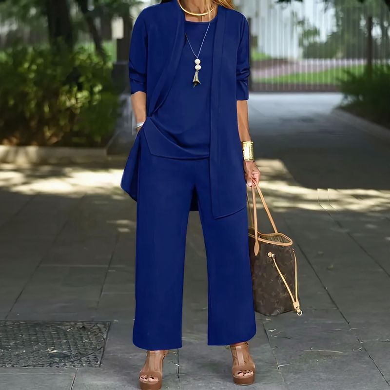 Conjunto Jade™ Minimalista de 3 Piezas con Pantalón Palazzo y Cárdigan Largo