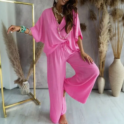 Conjunto Biarritz™ Blusa con Escote en V y Pantalón Palazzo de Cintura con Cordón Ajustable