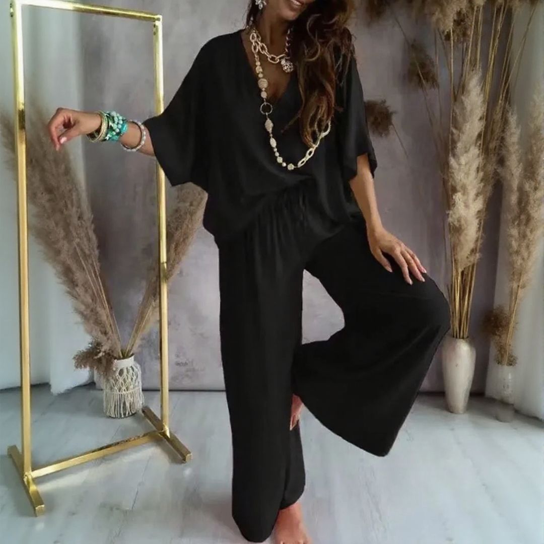 Conjunto Biarritz™ Blusa con Escote en V y Pantalón Palazzo de Cintura con Cordón Ajustable