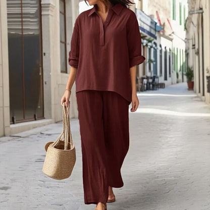 Conjunto Karin™ Camisa de Manga Larga con Escote en V Abotonado y Pantalón Palazzo