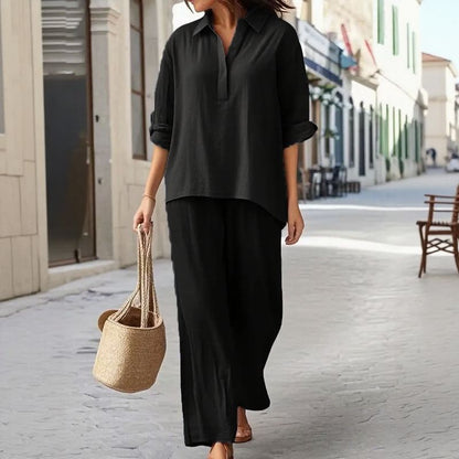 Conjunto Karin™ Camisa de Manga Larga con Escote en V Abotonado y Pantalón Palazzo