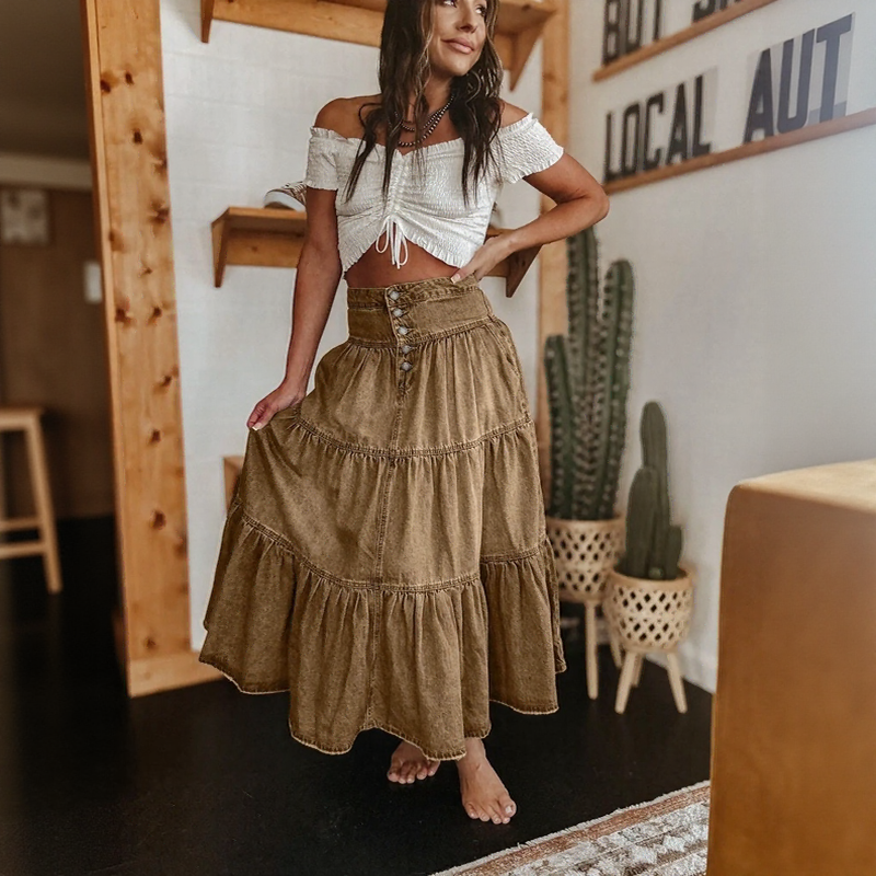 Falda Belle Prairie™ De Denim Lavado Con Capas Fluidas