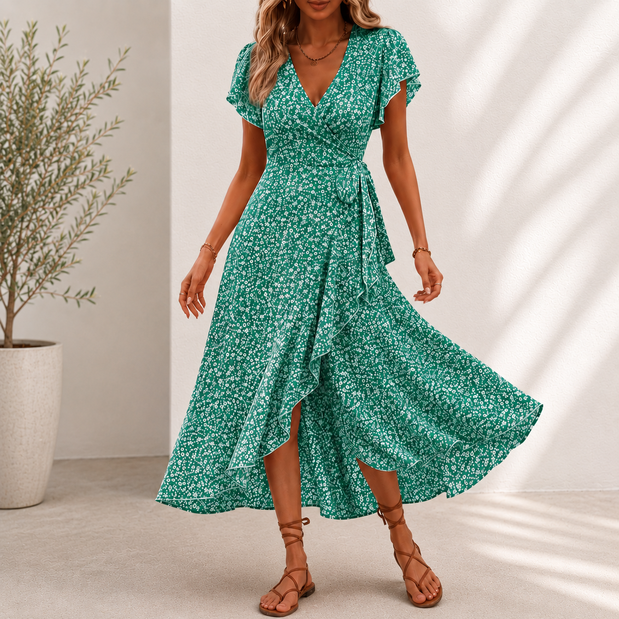Vestido Midi Roselia™ Con Estampado Floral, Falda Cruzada de Corte Evasé y Escote en V