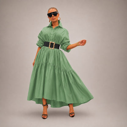 Vestido Midi Selene™ Con Cuello Camisero, Mangas Amplias y Caída Fluida