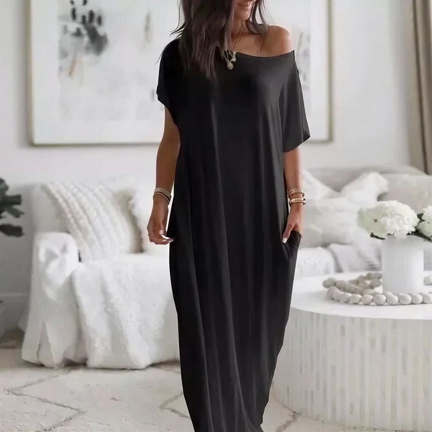 Vestido Maxi Daphne™ con Escote Amplio y Bolsillos Laterales