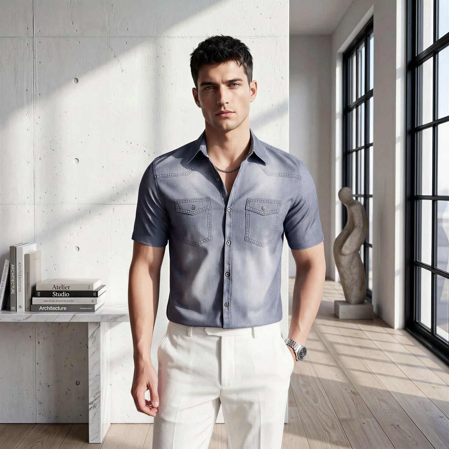 Camisa Vittorio™ en Denim con Lavado Desgastado Premium y Corte Slim