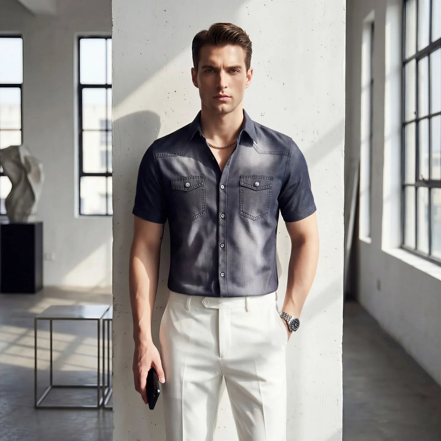 Camisa Vittorio™ en Denim con Lavado Desgastado Premium y Corte Slim