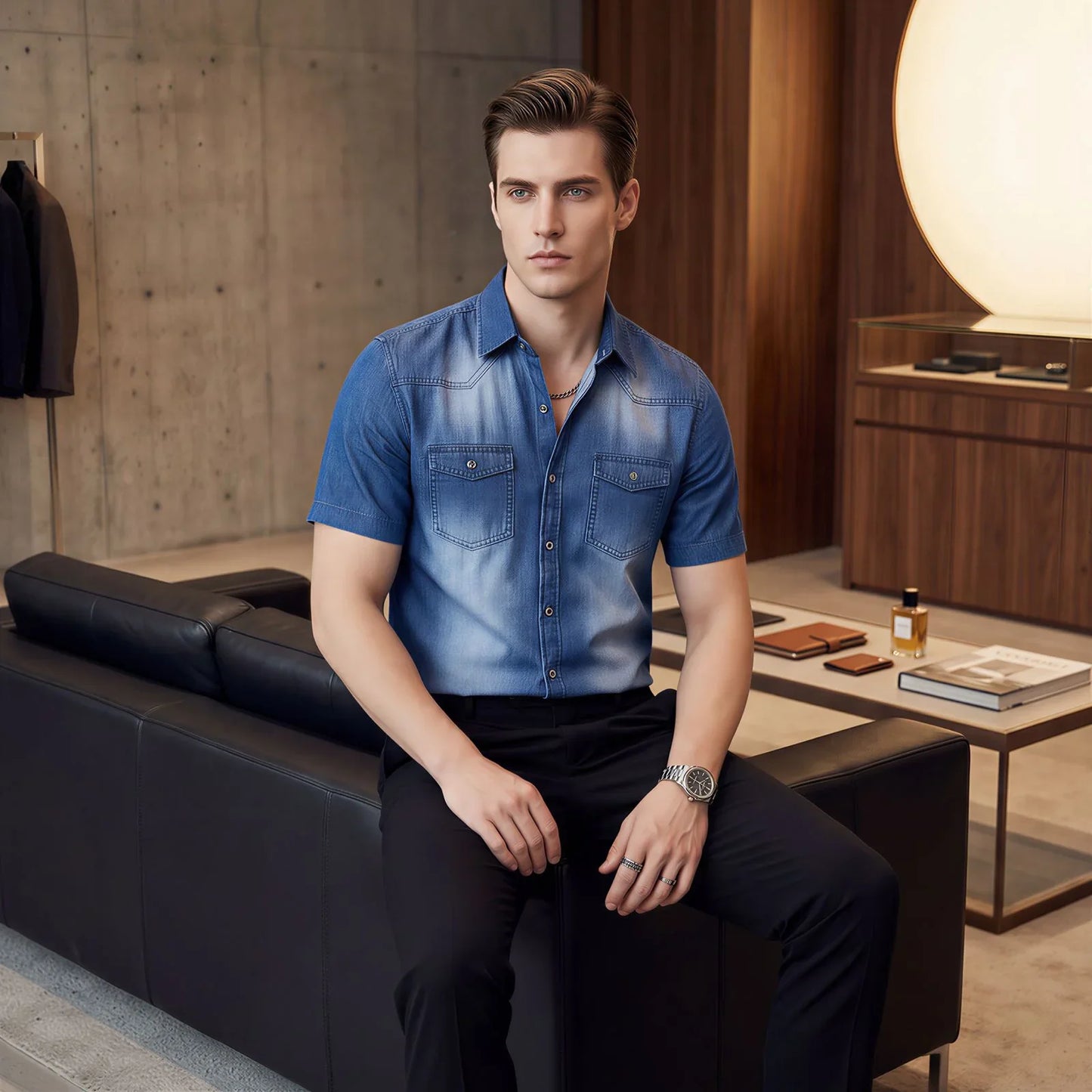 Camisa Vittorio™ en Denim con Lavado Desgastado Premium y Corte Slim