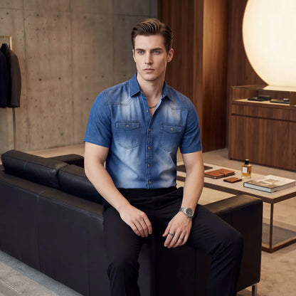 Camisa Vittorio™ en Denim con Lavado Desgastado Premium y Corte Slim