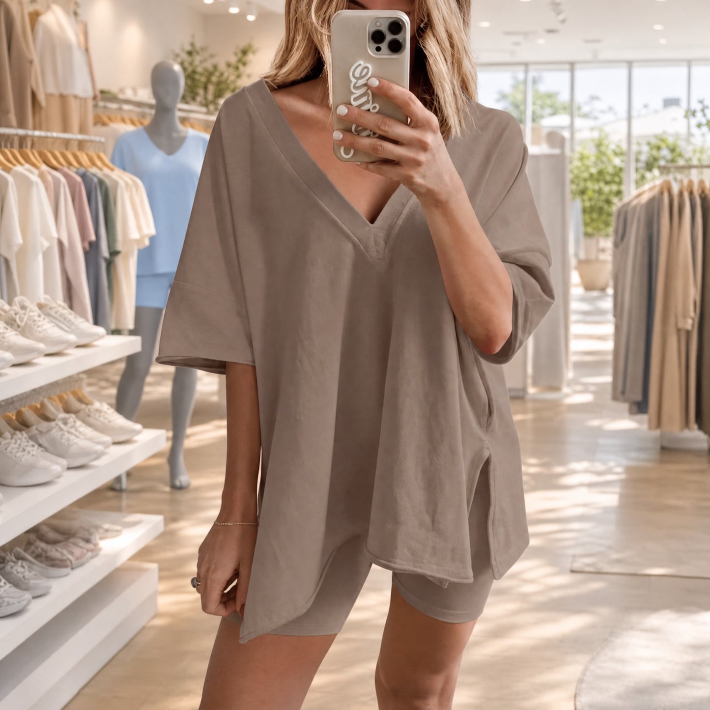 Conjunto Yelena™ Blusa Oversize con Escote en V y Shorts Minimalistas