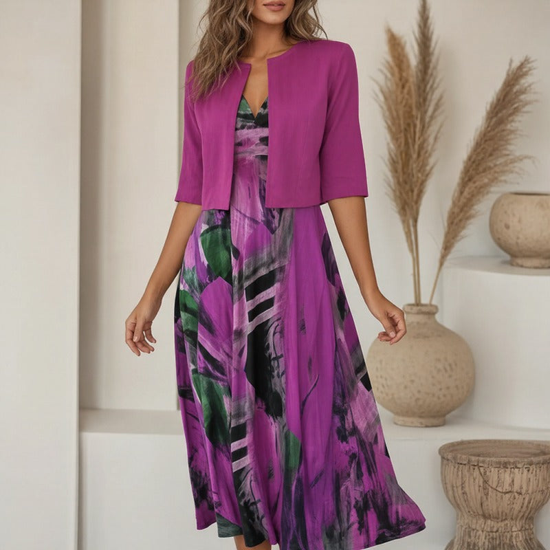 Conjunto Rennes™ con Estampado Artístico y Cárdigan Corto Abierto