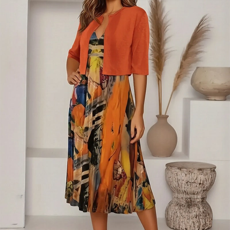 Conjunto Rennes™ con Estampado Artístico y Cárdigan Corto Abierto