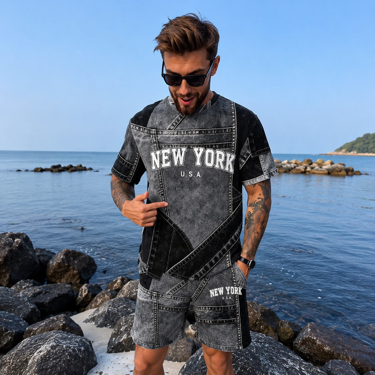 Conjunto Dominic™ con Efecto Denim y Camiseta de Manga Corta