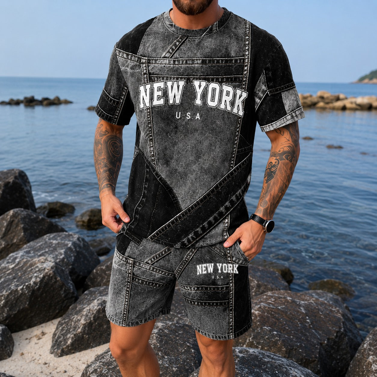 Conjunto Dominic™ con Efecto Denim y Camiseta de Manga Corta