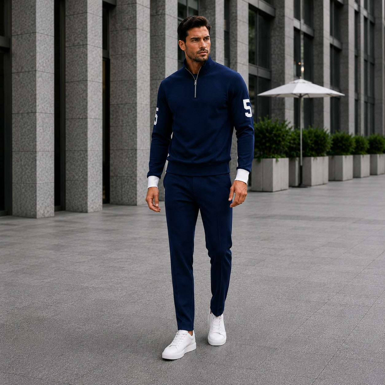 Conjunto Alexander™ con Blusa de Cuello Alto con Cremallera y Pantalón Minimalista