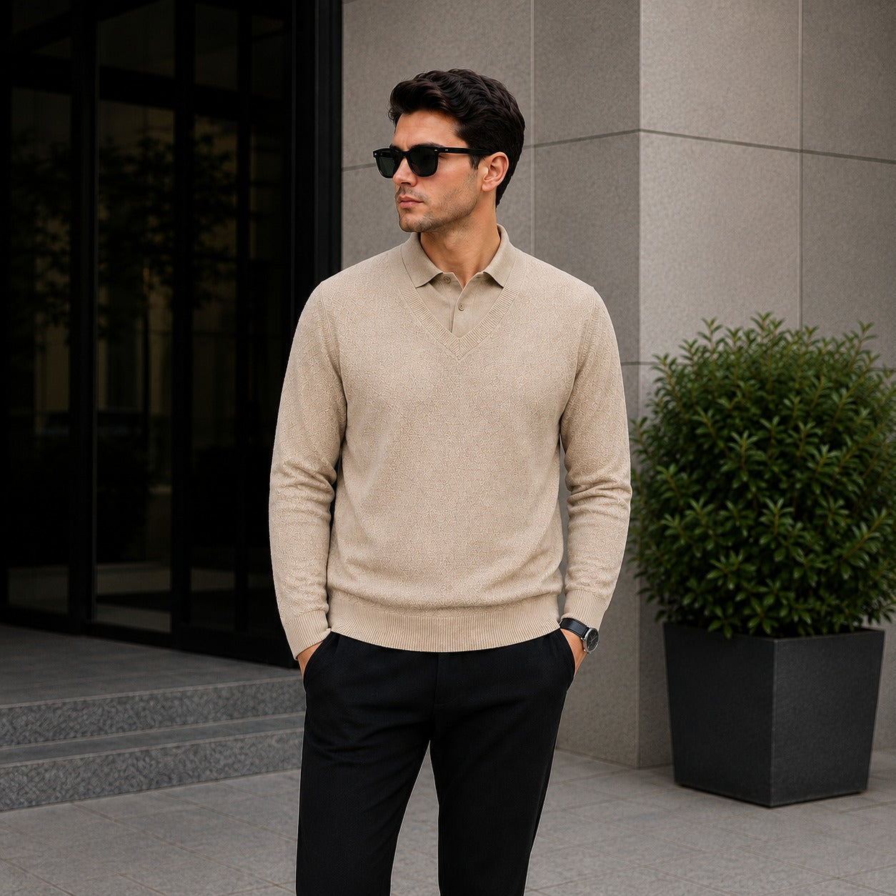 Suéter Lyon™ de Punto Texturizado Premium con Cuello Polo Integrado