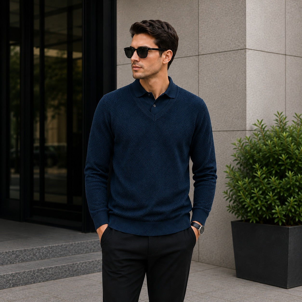 Suéter Lyon™ de Punto Texturizado Premium con Cuello Polo Integrado