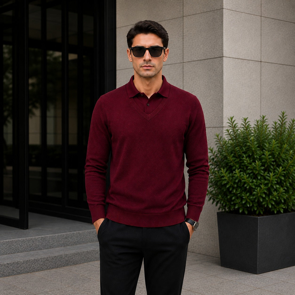 Suéter Lyon™ de Punto Texturizado Premium con Cuello Polo Integrado