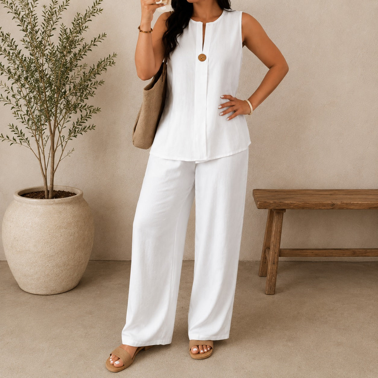 Conjunto Lucienne™ con Blusa de Escote con Abertura Frontal y Pantalón Palazzo