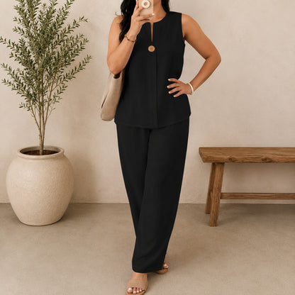 Conjunto Lucienne™ con Blusa de Escote con Abertura Frontal y Pantalón Palazzo