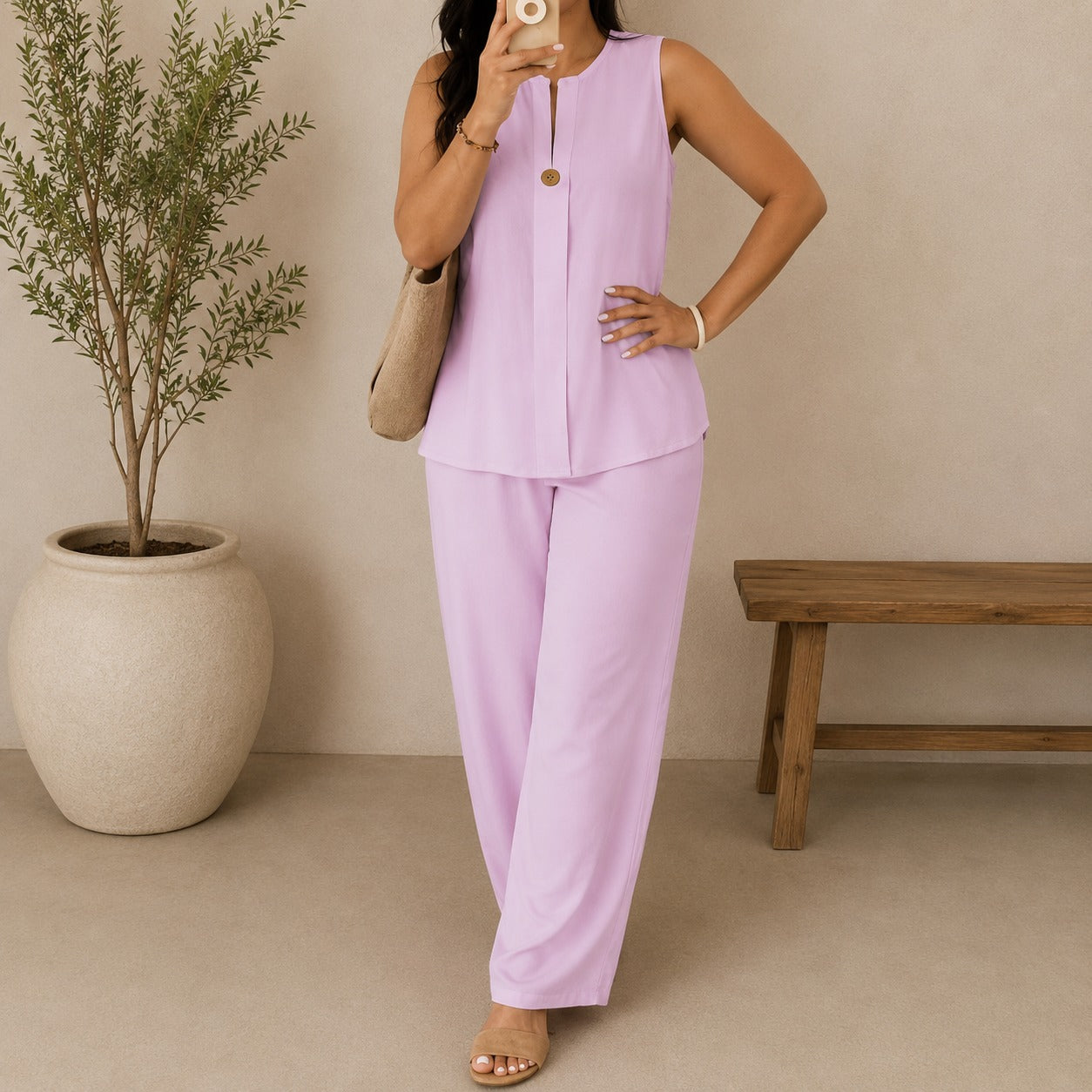 Conjunto Lucienne™ con Blusa de Escote con Abertura Frontal y Pantalón Palazzo