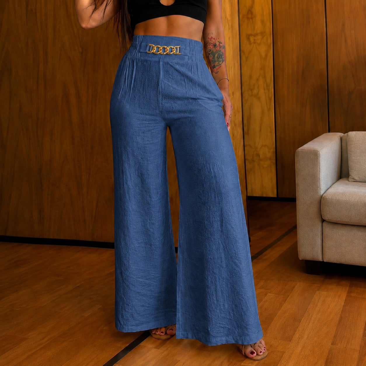 Pantalón Valencia™ de Cintura Alta con Acabado Dorado Exclusivo