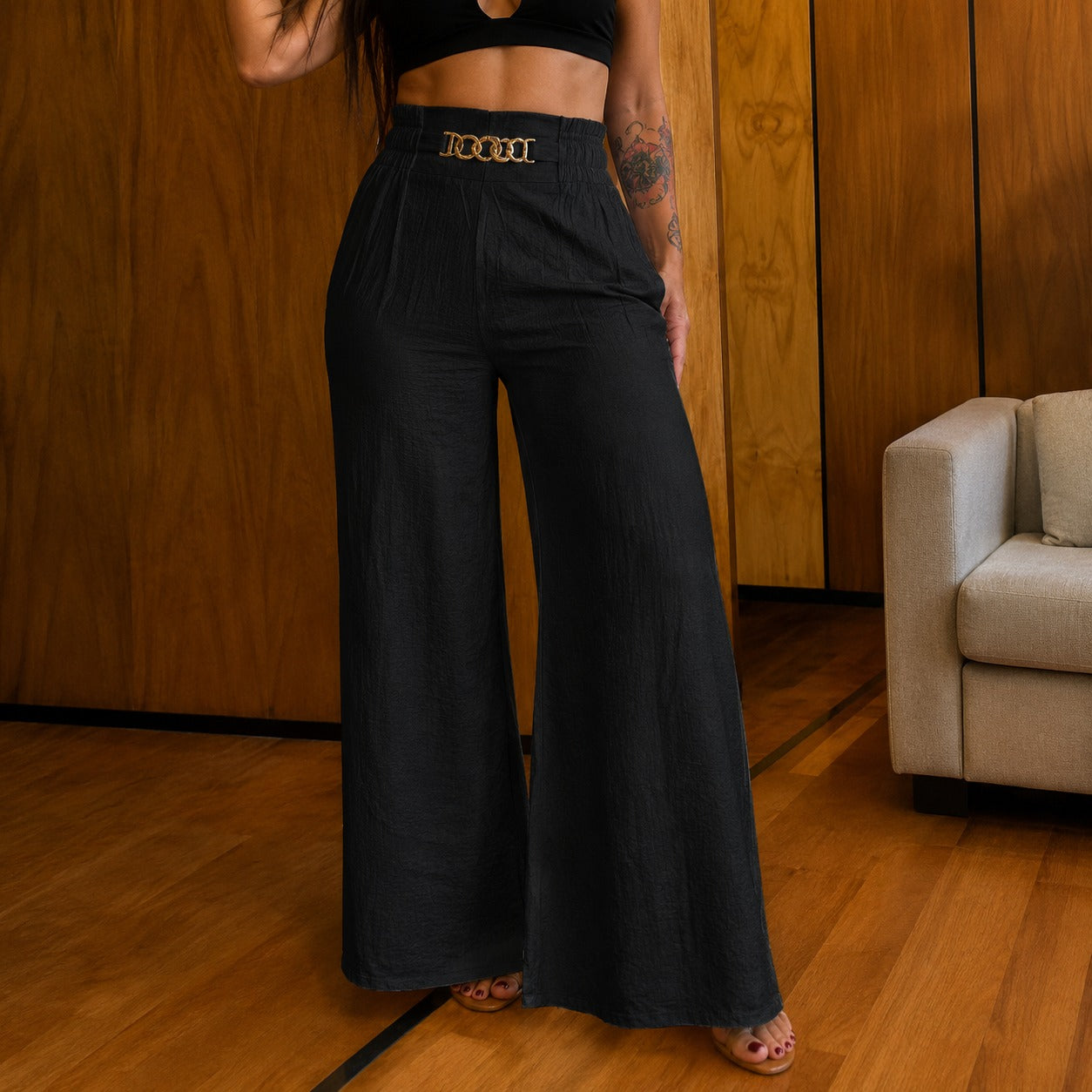 Pantalón Valencia™ de Cintura Alta con Acabado Dorado Exclusivo