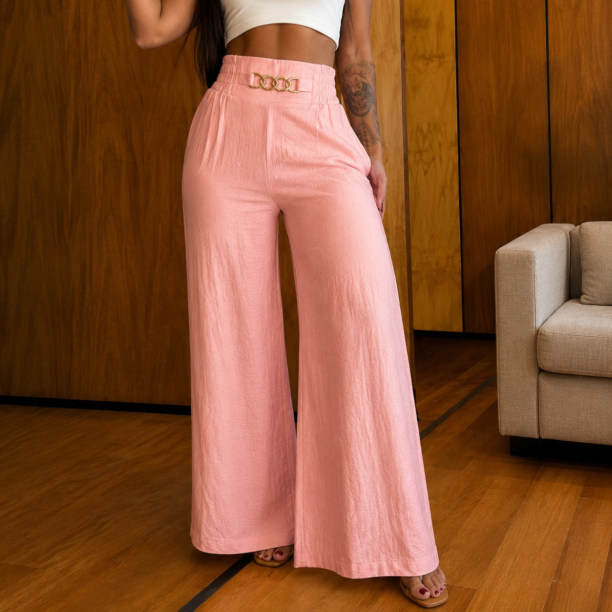 Pantalón Valencia™ de Cintura Alta con Acabado Dorado Exclusivo