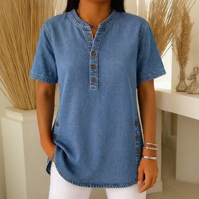 Blusa Vaquera Calenny™ Con Acabado Desgastado y Corte Holgado