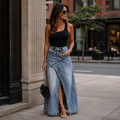 Falda Denim Larga Siena™ con Silueta Alargada y Diseño Moderno