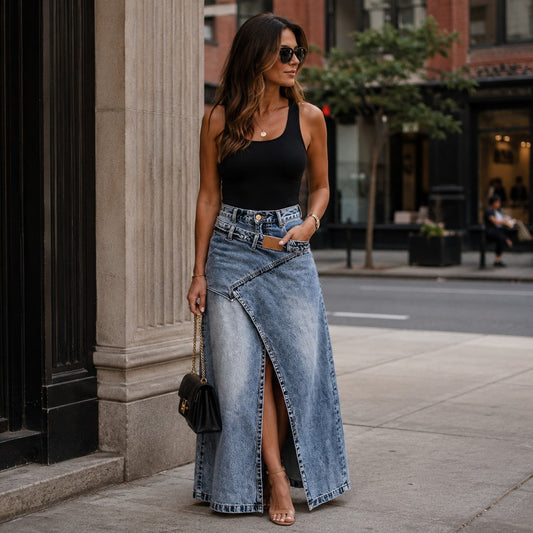 Falda Denim Larga Siena™ con Silueta Alargada y Diseño Moderno