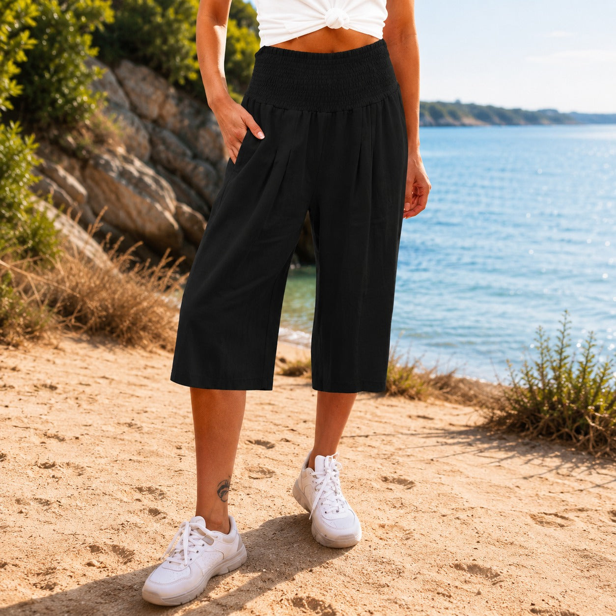 Pantalón Capri Rosetta™ de Lino y Algodón con Cintura Fruncida Elegante
