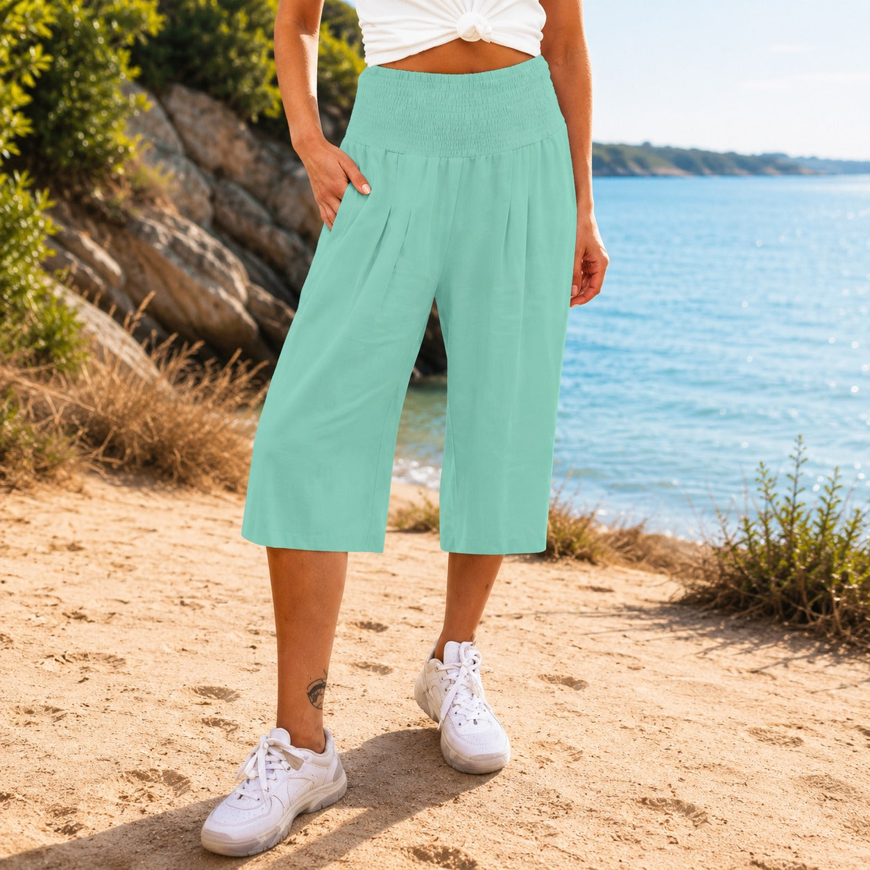 Pantalón Capri Rosetta™ de Lino y Algodón con Cintura Fruncida Elegante