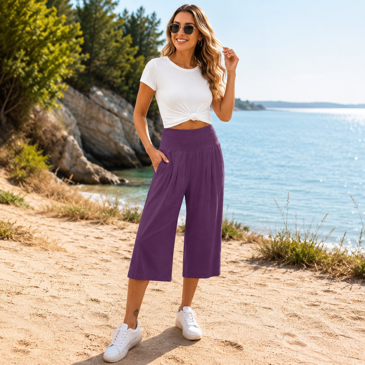 Pantalón Capri Rosetta™ de Lino y Algodón con Cintura Fruncida Elegante