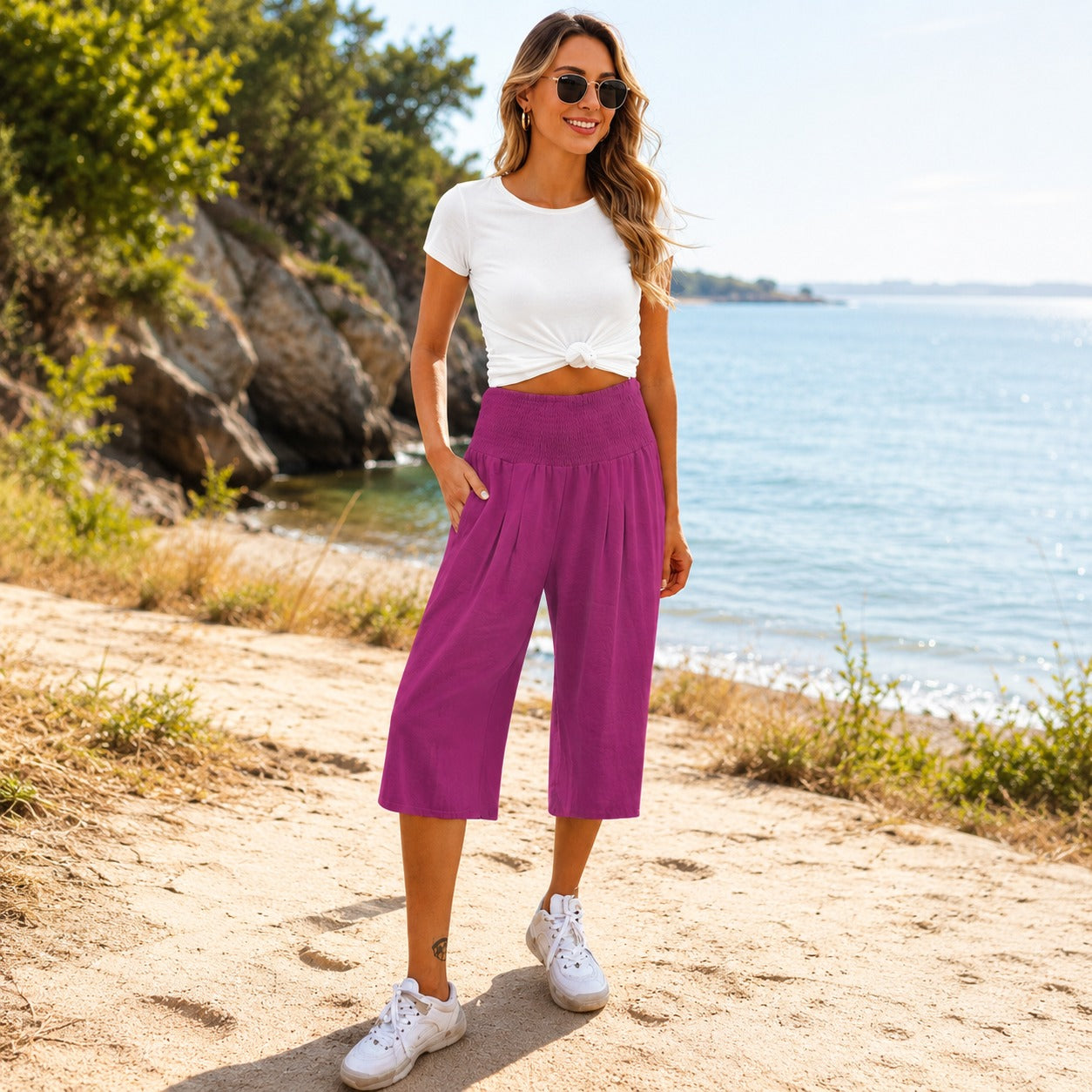 Pantalón Capri Rosetta™ de Lino y Algodón con Cintura Fruncida Elegante