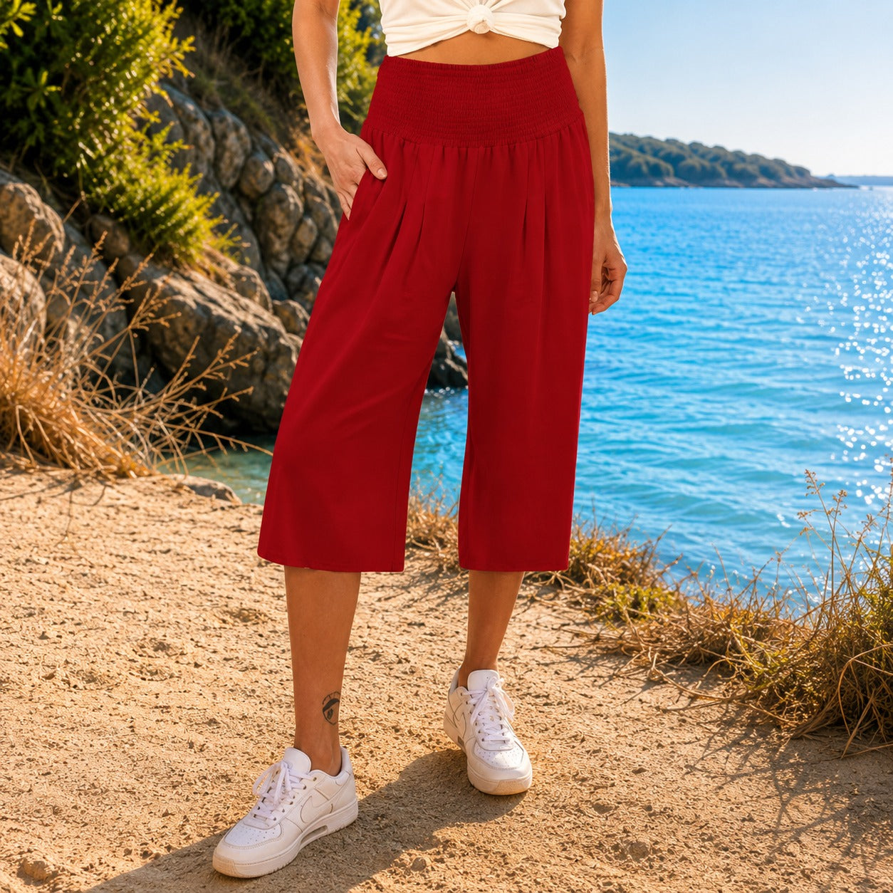 Pantalón Capri Rosetta™ de Lino y Algodón con Cintura Fruncida Elegante