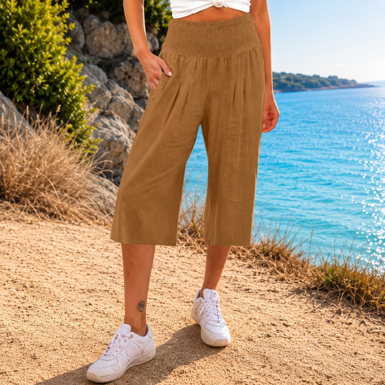 Pantalón Capri Rosetta™ de Lino y Algodón con Cintura Fruncida Elegante