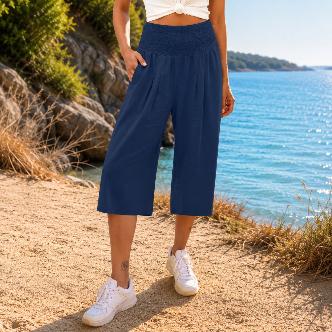 Pantalón Capri Rosetta™ de Lino y Algodón con Cintura Fruncida Elegante