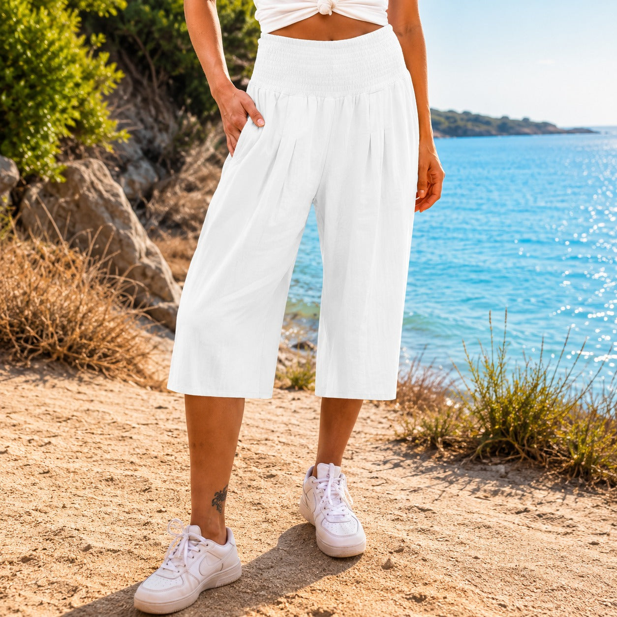 Pantalón Capri Rosetta™ de Lino y Algodón con Cintura Fruncida Elegante