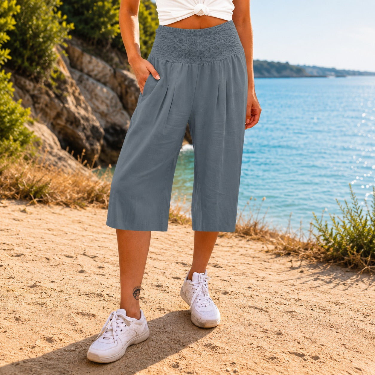 Pantalón Capri Rosetta™ de Lino y Algodón con Cintura Fruncida Elegante
