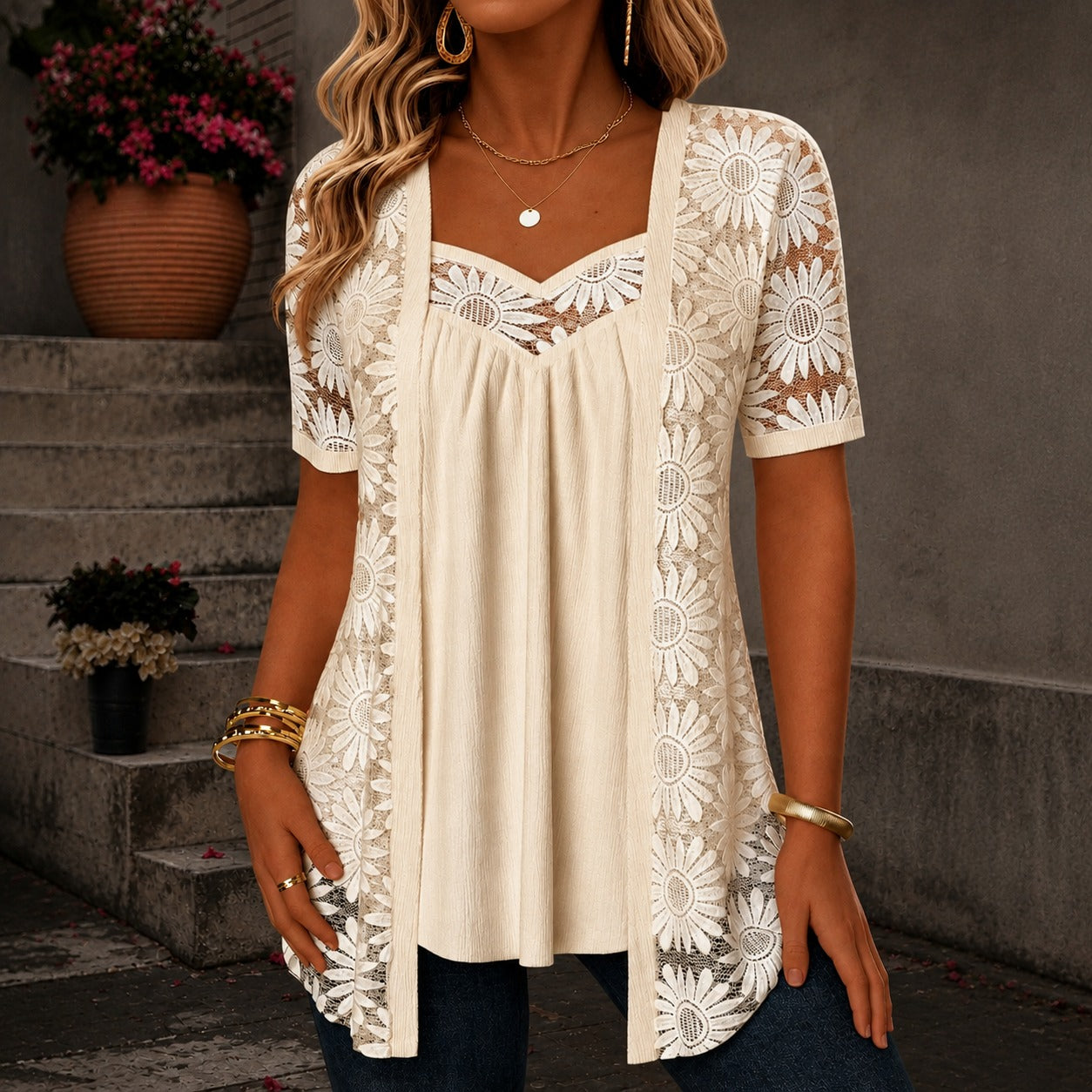 Blusa Nadia™ de Lino Mezclado con Diseño Superpuesto de Encaje