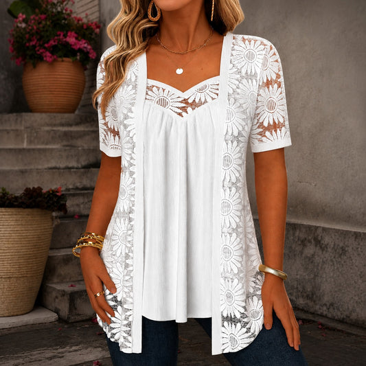 Blusa Nadia™ de Lino Mezclado con Diseño Superpuesto de Encaje