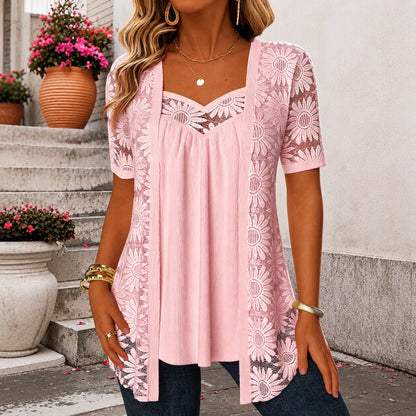 Blusa Nadia™ de Lino Mezclado con Diseño Superpuesto de Encaje