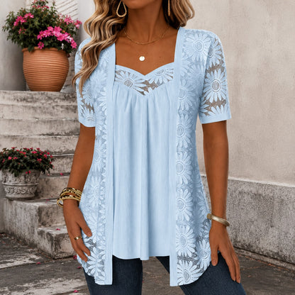 Blusa Nadia™ de Lino Mezclado con Diseño Superpuesto de Encaje