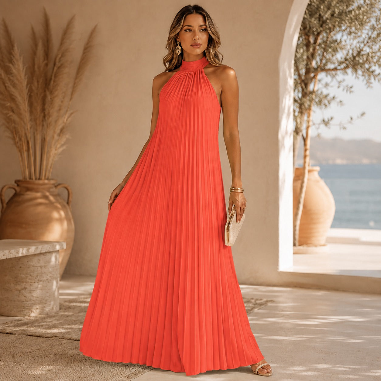 Vestido Largo Sicilia™ con Plisado Elegante y Cuello Alto sin Mangas