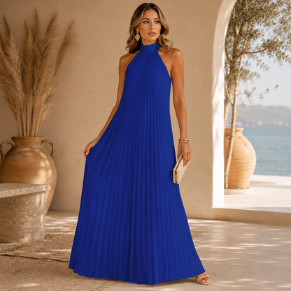 Vestido Largo Sicilia™ con Plisado Elegante y Cuello Alto sin Mangas