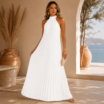 Vestido Largo Sicilia™ con Plisado Elegante y Cuello Alto sin Mangas
