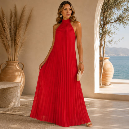 Vestido Largo Sicilia™ con Plisado Elegante y Cuello Alto sin Mangas
