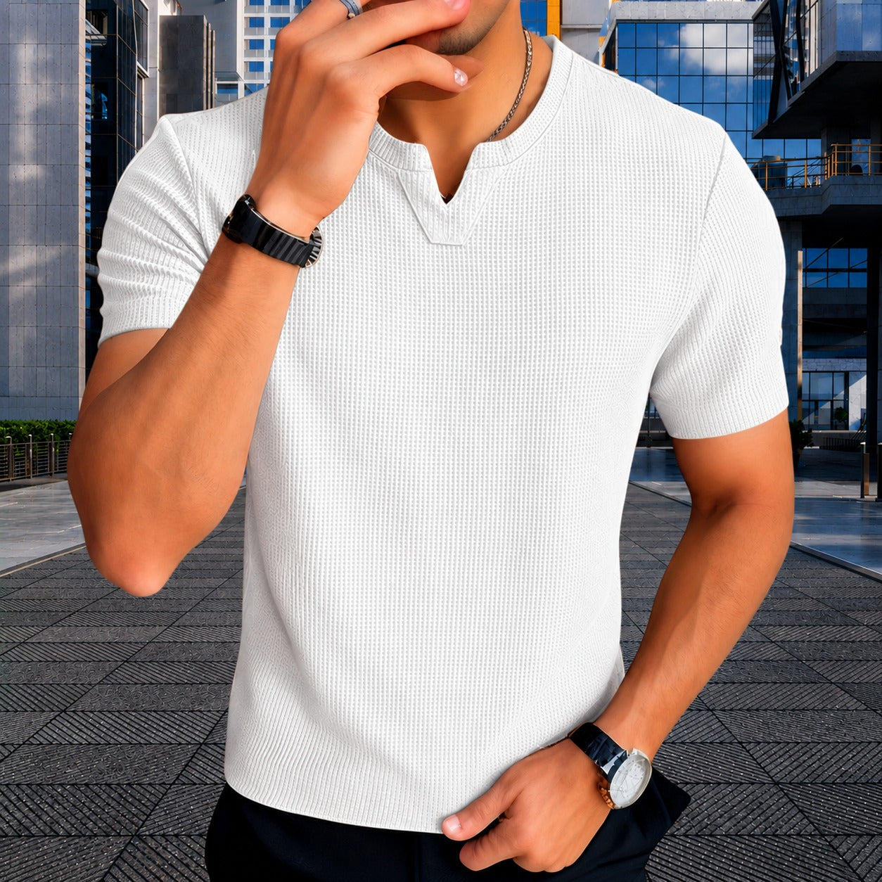 Camiseta Mateo™ de Punto Texturizado con Cuello de Pico Escotado